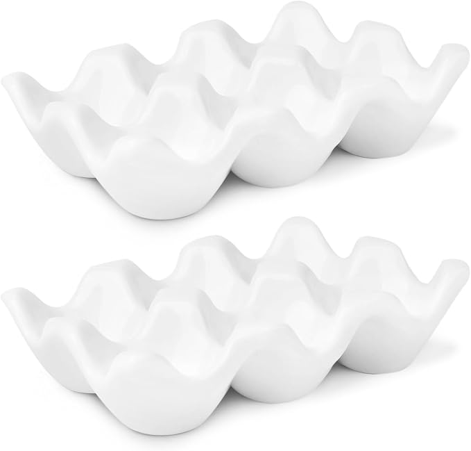 Flexzion Porcelain Egg Crate - 6 Capacity Ceramic Tray, Half Dozen Holder, White Decorative Serving Dish and Storage Organizer, 2 Pack by Flexzion
