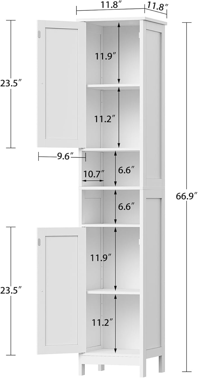 67" Tall Bathroom Cabinet with Adjustable Shelves and Doors, Narrow Bathroom Storage Cabinet for Small Space, Living Room, Entryway, Kitchen, White - Image 3