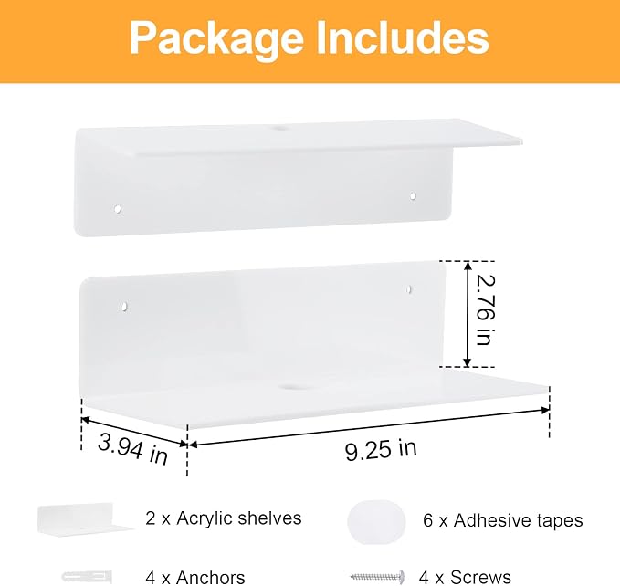 9 Inch Acrylic Floating Shelf No Drill Adhesive Wall Shelf Set of 2 for Funko Pop Storage, Floating Shelves Damage-Free Expand Wall Space for Living Room, Bathroom, Gaming Room, Office - White - Image 3