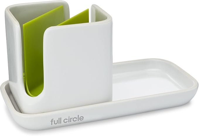 Full Circle Stash, Ceramic Kitchen Sink Caddy, Stylish Modular Sponge Holder & Dish Brush Organizer, Green and White, 11" by Unknown