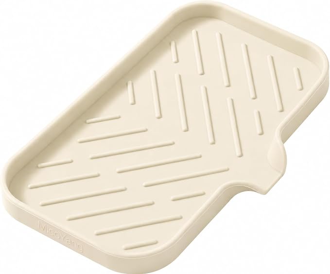 MicoYang Silicone Soap Dish with Drain Spout — Self-Draining Sink Organizer Tray for Bathroom & Kitchen, Sponges, Dispensers & Soap Holder, Non-Slip & Dishwasher Safe, Tapioca (Medium, 9.6"×5.3") by MicoYang