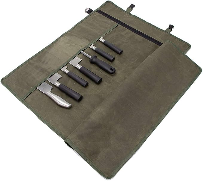 Chef’s Knife Roll Bag,Waxed Canvas Knife Cultery Carrier, Portable Chef Knife Cases,Knife Pouch Holders With 10 Slots Plus 1 Zipper Pockets Can Hold Home Kitchen Knife Tools Up To 18.8” by HERSENT