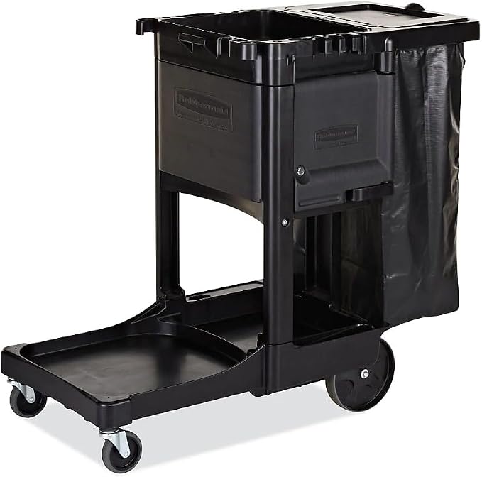 Rubbermaid Commercial Products Executive Series Janitorial and Housekeeping Cleaning Cart with Locking Cabinet, Wheeled with Zippered Black Vinyl Bag, Black, 38.4" H x 21.8" W x 46" L - Image 2