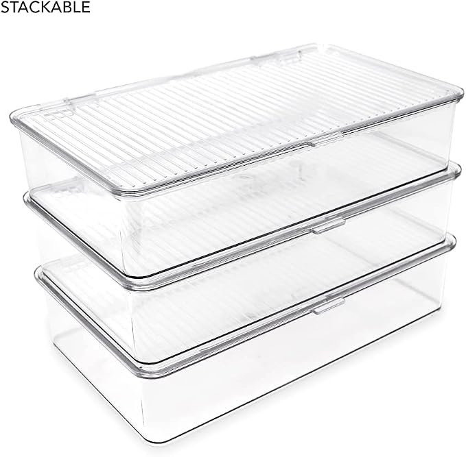 Isaac Jacobs Small Stackable Organizer Bin (10.75” x 6.5” x 2.4”) w Hinged Lid Clear Storage Box Home Office School Fridge Bathroom Kitchen Pantry Container BPAFree Food Safe (Small Clear) (Pack of 2) - Image 4
