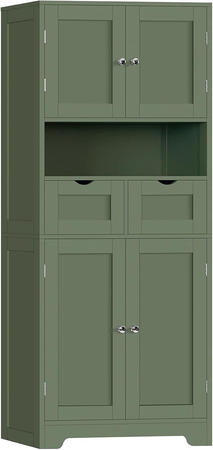 Iwell 58" H Tall Bathroom Storage Cabinet with 2 Drawers & 2 Adjustable Shelves, Bathroom Cabinet with 4 Doors, Tall Cabinet for Living Room, Dining Room, Entryway, Forest Green by IWELL