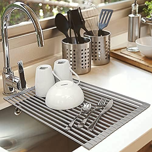 Bigdata&BetterLife Roll Up Dish Drying Rack Simple Large Space Saving Dish Drying Mat with Rack for Kitchen Foldable Silicone Coated Stainless Steel Heavy Duty Dry Rack (Gray, 20.5" x 13.1") - Image 4