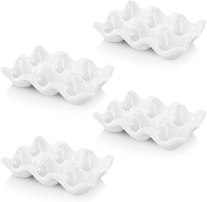 4 Pack 24 Cups Egg Tray Holders, Porcelain Egg Container for Countertop Fridge, Ceramic Eggs Keeper Storage Organizer, Tiny Egg Dispenser Serving Dish Serveware for Display, Kitchen, White - Image 3