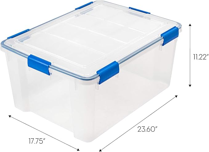 IRIS USA 3-Pack 60 Qt Storage Bins with Gasket Lids, Clear/Blue | WeatherPro seal helps protect bulky items for moving, garage, attic and basement storage - Image 2