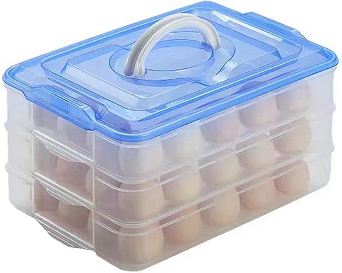 Egg Storage Container for Refrigerator, 3-Layer Deviled Egg Tray, Stackable Fridge Egg Organizer with Lid and Handle, Extra Large Holder, 60 Count Eggs Keeper(blue 3 layer) | 3-Layer, 60 eggs, Stackable Storage Holder with Handle for Refrigerator for C... by TIANCHEN