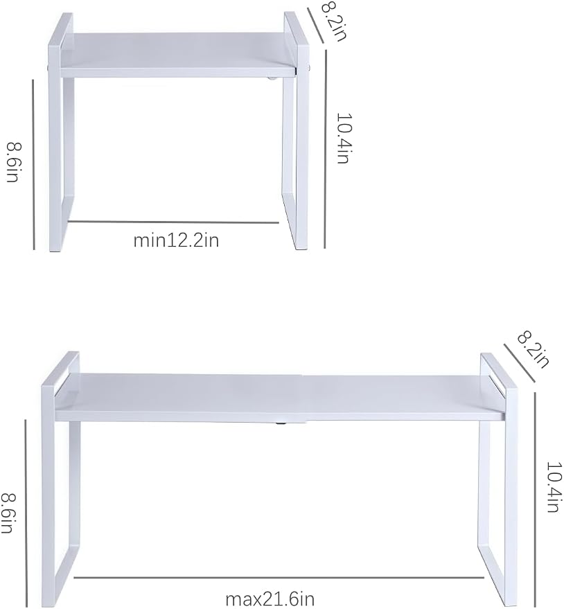 2 Pack Expandable Cabinet Shelf Organizer Riser for Kitchen Pantry Cupboard Under Sink Countertop (2 pack 8.2’’D * 12.2-21.6’’W * 10.4’’H) (white) - Image 3
