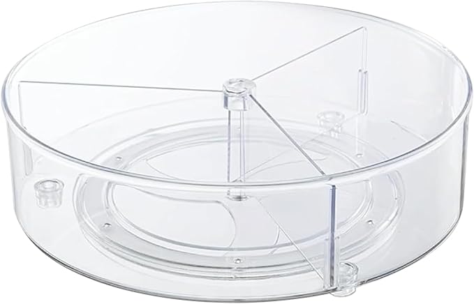 11" Lazy Susan Organizer with 3 Dividers for Cabinet Pantry | 3.15 in Tall Wall Prevents Spills, Clear PET Spinner Tray, Smooth 360 Rotation, Removable Dividers for Fridge Bath Vanity by Roninkier