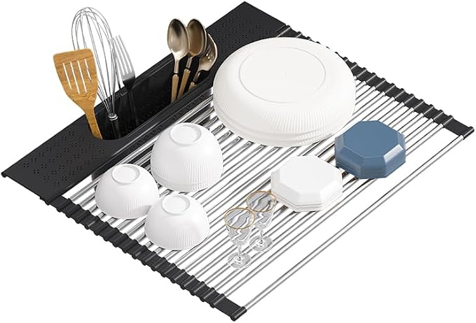 Roll Up Dish Drying Rack Over Sink, 20" X 15.2" Foldable SUS304 Stainless Steel Kitchen Dish Drainer, Heat-Resistant Multipurpose Rolling Sink Rack Organizer, Black by KEGFRES