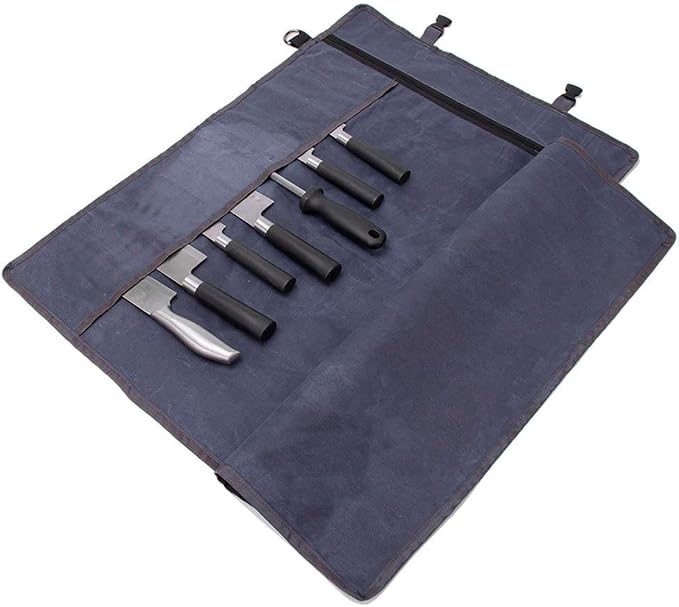 Chef’s Knife Roll Bag,Waxed Canvas Knife Cultery Carrier, Portable Chef Knife Cases,Knife Pouch Holders With 10 Slots Plus 1 Zipper Pockets Can Hold Home Kitchen Knife Tools Up To 18.8” by HERSENT