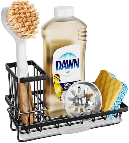 SWTYMIKI Sink Caddy Sponge Holder - Kitchen Sink Organizer with High Brush Holder for Countertop to Hold Dish Soaps and Sponges, Stainless Steel, Black - Image 4