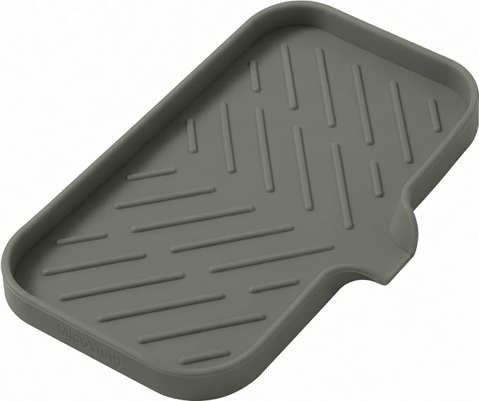 MicoYang Silicone Soap Dish with Drain Spout — Self-Draining Sink Organizer Tray for Bathroom & Kitchen, Sponges, Dispensers & Soap Holder, Non-Slip & Dishwasher Safe, Grey (Medium, 9.6"×5.3") by MicoYang