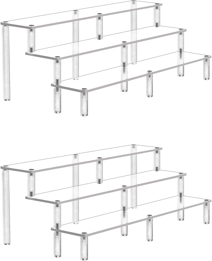Acrylic Riser Display Shelf, 3 Tier Acrylic Shelves for Figures, 15.8 Inch | Large Clear Perfume Organizer, Display Stand for Funko Pop Amiibo Figures, Shelf Risers for Cupcake and Collectibles, 2 Pack by AZEAM