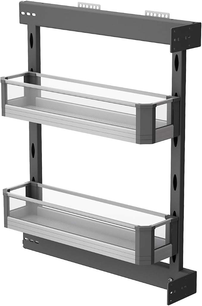 VADANIA Narrow Pull Out Cabinet Organizer, For 10" Base Cabinets | 2-Tier Slim Cabinet Storage with Glass Side Panels, Soft Close Full-Extension Slides, Reversible Left or Right Side Mount by VADANIA