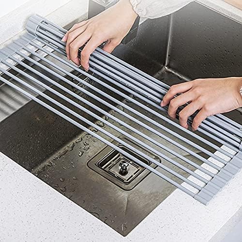 Bigdata&BetterLife Roll Up Dish Drying Rack Simple Large Space Saving Dish Drying Mat with Rack for Kitchen Foldable Silicone Coated Stainless Steel Heavy Duty Dry Rack (Gray, 20.5" x 13.1") - Image 5