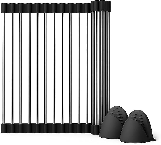 Over Sink Dish Dryng Rack - Roll Up Stainless Stell & Silicone Drying mat, Heat Resistant, Non-Slip & Foldable, Space Saving Kitchen Organizer (17.3"x 15.7")(Black) by Unknown