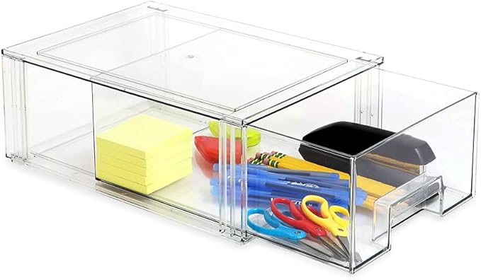 Isaac Jacobs Stackable Organizer Drawer Set (1 Medium, 1 Large), Clear Plastic Storage Boxes, Pull-Out Bins, Home, Office, Closet, Shoes, BPA-Free, Food/Fridge/Freezer Safe (1 Medium, 1 Large) - Image 4