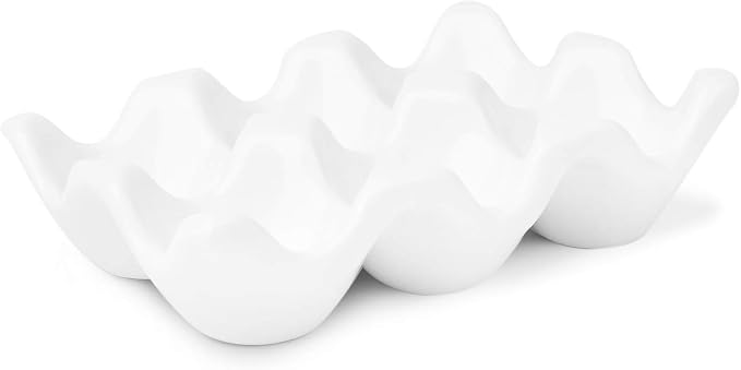 Flexzion Ceramic Egg Holder for Fridge - 6 Cups Egg Tray Half Dozen Porcelain Container Keeper Storage Organizer Decorative Serving Dish Serveware for Refrigerator Countertop Display Kitchen (White) by Flexzion