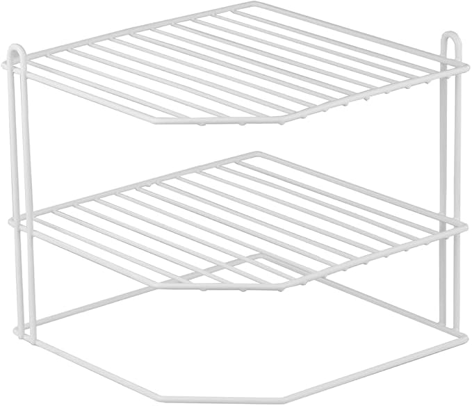 Home Basics Corner Rack, White, Vinyl Coated Steel, Rust Resistant, 2-Tier Shelf, Keeps Spices and Cups Organized, 9x9x8.5in by HomeBasics
