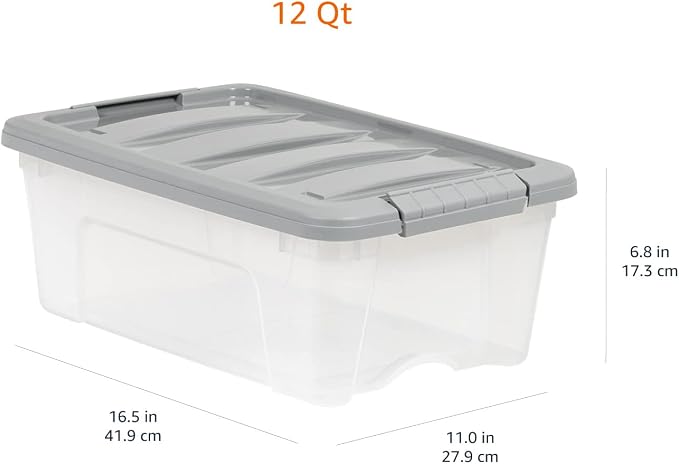 Amazon Basics Plastic Storage Containers with Secure Latching Lids, Stackable Organization Bins, Clear/Grey, 12 Quart, Set of 6 - Image 7