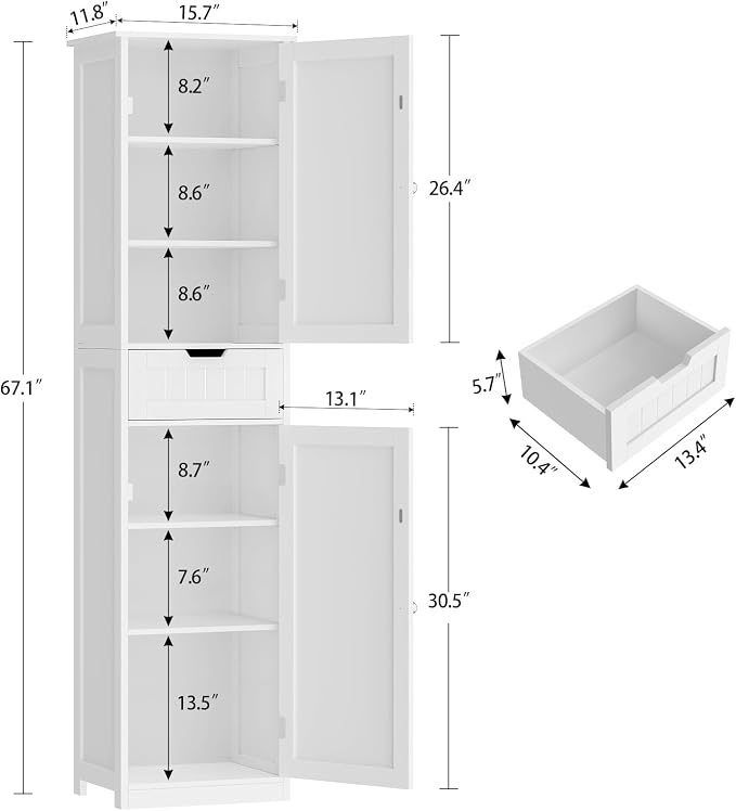Iwell 67" Tall Bathroom Cabinet, Storage Cabinet with 2 Doors & 1 Drawer, Bathroom Storage Cabinets with Adjustable Shelves, for Living Room, Entryway, Home Office, White - Image 3