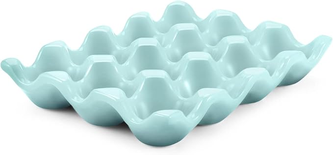 Flexzion Ceramic 12 Cups Egg Tray - Whole Dozen Porcelain Egg Holder Container Keeper Storage Organiser Decorative Serving Stand Serveware for Refrigerator Fridge Countertop Display Kitchen by Flexzion