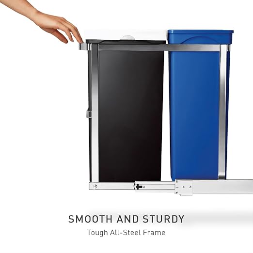 simplehuman 35 Liter / 9.3 Gallon Dual Compartment Under Counter Kitchen Cabinet Pull-Out Recycling Bin and Trash Can, Chrome - Image 3