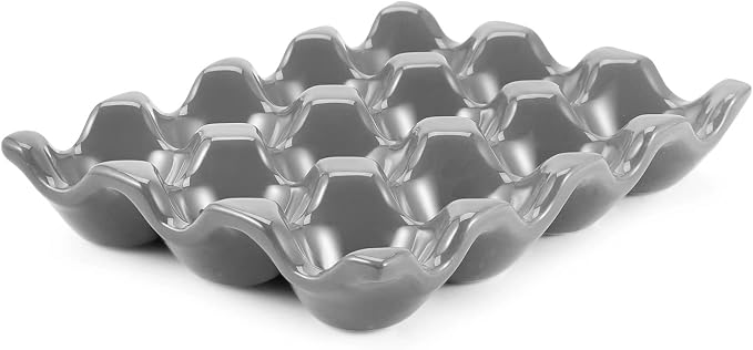 Flexzion 12 Cups Ceramic Egg Holder for Fridge - Dozen Ceramic Egg Tray Porcelain Container Storage Organizer Decorative Serving Stand Serveware for Refrigerator Countertop Display (Gray) by Flexzion