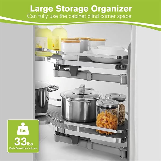 Blind Corner Cabinet Pull Out Organizer, Soft Close Swing Right Pull Out Cabinet Organizer 36inch, Corner Cabinet Lazy Susan for Corner Cabinet Blind Shelf, 2 Tiers Tray, Adjustable Height - Image 4