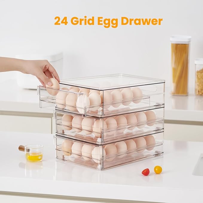 24 Capacity Egg Holder for Refrigerator, Egg Drawer for Fridge Pull Out Egg Storage Container with Non-Slip Pads Clear Egg Tray Egg Organizer - 2 Pack - Image 3