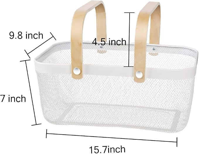 Portable Mesh Harvest Basket - Natural Bamboo Handle Foldable Organizer for Kitchen, Garden & Picnic | Ventilated Storage Bin with Rust-Proof Wire, Space-Saving Farmhouse Decor (White) - Image 2