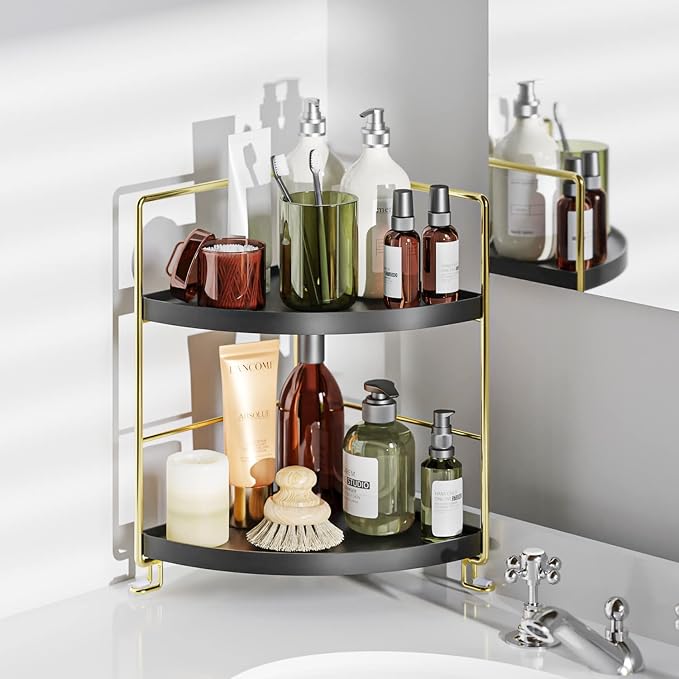 KINGNERWI 2-Tier Bathroom Counter Organizer, Vanity Corner Shelf, Black | Makeup Skincare Storage Tray, Small Countertop Rack, Stores Cosmetics, Perfume, Seasoning, Fits Sink and Dresser - Image 2