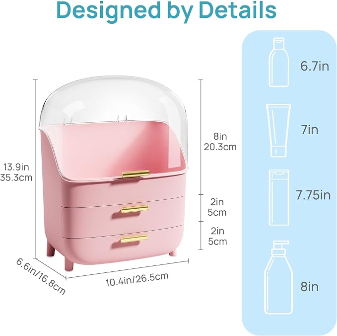 Vtopmart 3-Tier Skincare Makeup Organizer with Lids, Pink | With Drawers and Lid, For Vanity and Bathroom Countertop, Large Cosmetic Storage Box Case for Dresser, With Non-Slip Base - Image 2