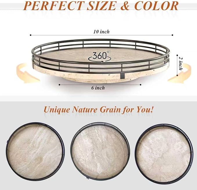 AMH 10-Inch Italian Travertine Lazy Susan with Black Metal Frame | Smooth rotating oak tray with walnut finish for dining tables, kitchen counters, pantries and cabinet storage. - Image 6