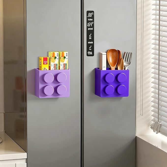 Magnetic Basket Organizer for Fridge - Lego-Style ABS Plastic Storage Box,No Drill Design for Kitchen Counter, Microwave & Whiteboard, Holds Up to 3.5 lbs (deep purple) - Image 9