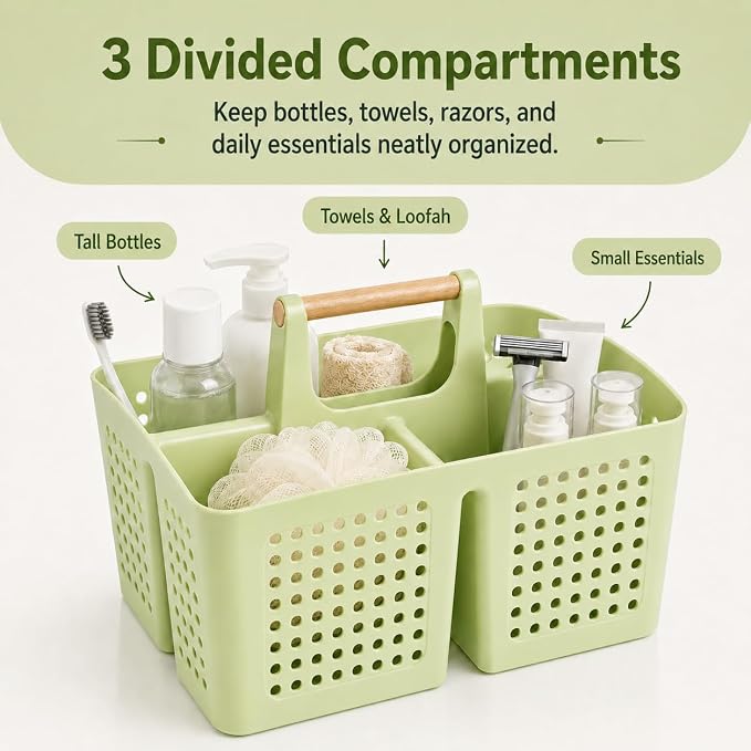 Portable Shower Caddy Basket with 3 Compartments and Handle, Grass Green | Plastic Divided Storage Caddy for Camping, RVs, Outdoor Showers, Bathrooms, Laundry Rooms and Cleaning Supplies - Image 3