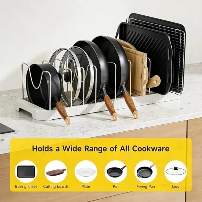 MUDEELA Pots and Pans Organizer under Cabinet, Pan Pot Organizer Inside Cabinet, Expandable 12.9''-21.88'' Pot Lid Organizer Holder with 10 Adjustable Dividers for Cutting Boards, Pan Lid Rack, White - Image 4
