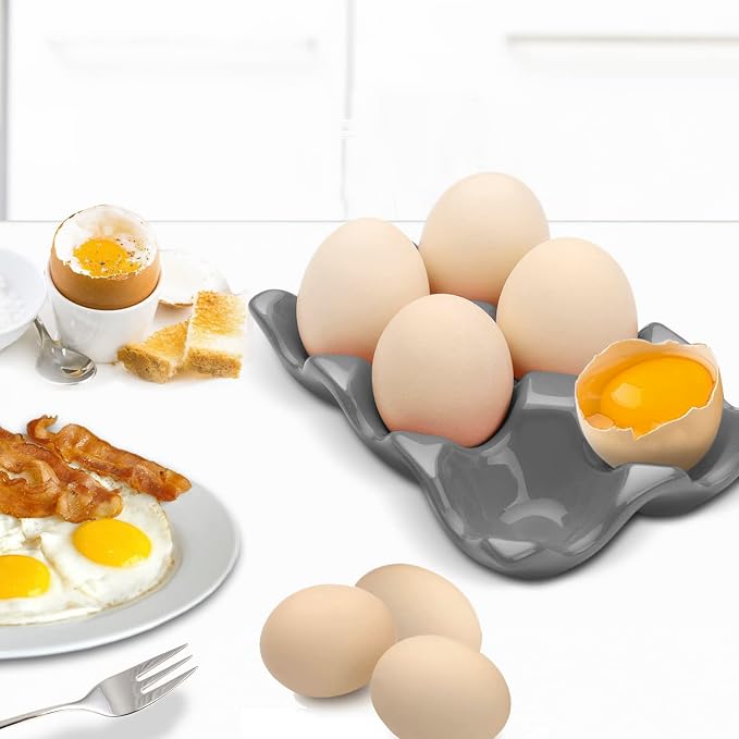 Flexzion Porcelain Egg Crate - 6-Egg Capacity Ceramic Egg Tray, Half Dozen Egg Holder for Fridge, Countertop Display - Gray Decorative Serving Dish and Storage Organizer, 2 Pack - Image 3