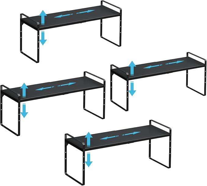 15.5 to 25.5 Inch Kitchen Cabinet Shelf Organizers，Kitchen Shelf Organizer | Adjustable Counter Organizer, Set of 4 Expandable Countertop Storage Shelves, Stackable Design, 30LBS Heavy Duty, Space Saver by X-cosrack