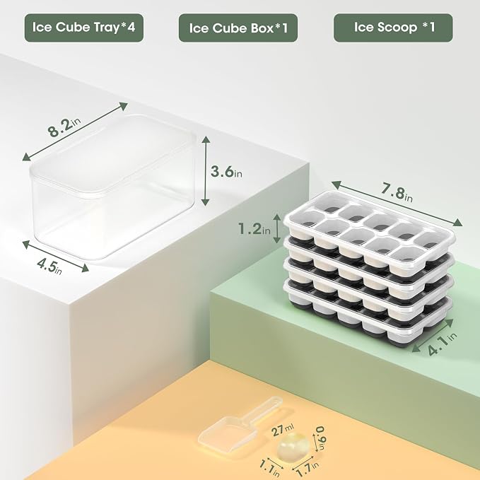 DOQAUS Ice Cube Tray with Lid and Bin,4 Pack Ice Cube Trays for Freezer | Silicone, Stackable. Easy Release Trays with Storage Bin & Scoop. Ideal for Freezer, Kitchen, RV, Cocktail, Coffee. - Image 2