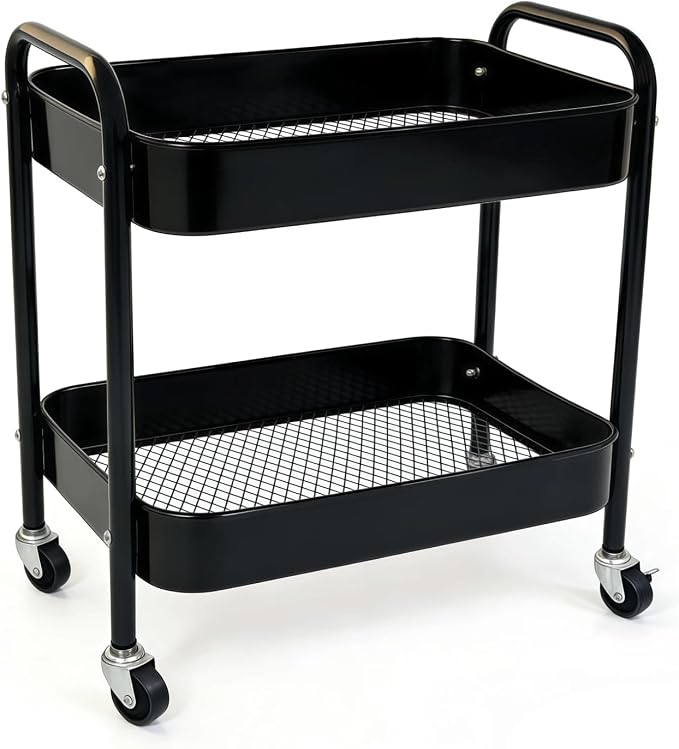 2 Tier Metal Rolling Utility Cart with Wheels Under Desk Storage Cart with Handle, Roll Around Organizer Trolley for Small Space Pantry Bathroom Home Kitchen Office Snack Baby Supplies, Black by Ufriandz