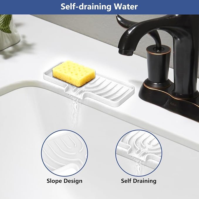 JACZZO Silicone Sponge Holder for Kitchen Sink With Drain Spout, Self Draining, Kitchen Soap Tray, Bathroom Organizer, Sink Caddy (White, 10" x 4") - Image 3