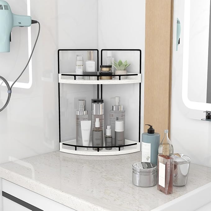 Dorhors 2-Tier Rustic White Corner Bathroom Shelf | 2-Tier Rustic White Rack Holder for Skincare,Perfume,Makeup,Lotion,Wood Sink Tray Stand for Kitchen,Restroom,Dresser - Image 2