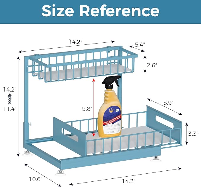2-Pack L-Shaped Under Sink Organizer, 2-Tier Pull-out Cabinet Rack | Teal Height-Adjustable Steel Rack, Sliding Grid Drawers with PP Liners, Holds 100 Lbs, Suction Base, Ideal Kitchen Storage - Image 6