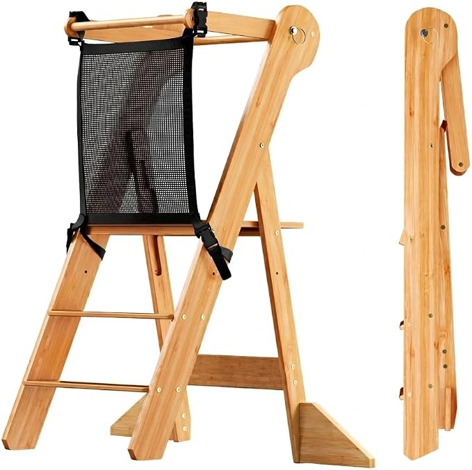 COSYLAND Toddler Standing Tower Foldable Toddler Kitchen Step Stool | Adjustable Height Folding Step Stool for Kids Learning and Cooking - Ages 18 Months to 6 Years with Safety Net Natural by COSYLAND