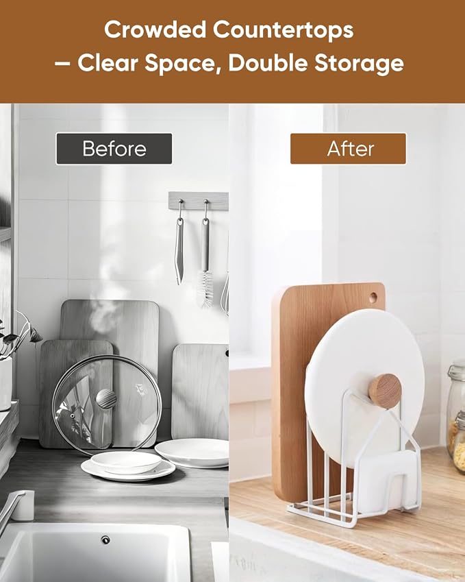LINFIDITE Cutting Board Rack Chopping Board Organizer Stand Holder Kitchen Countertop Pots Pan Lids Rack Organizer Flat Steel 4.92Lx5.71Wx8.46H in. White - Image 7