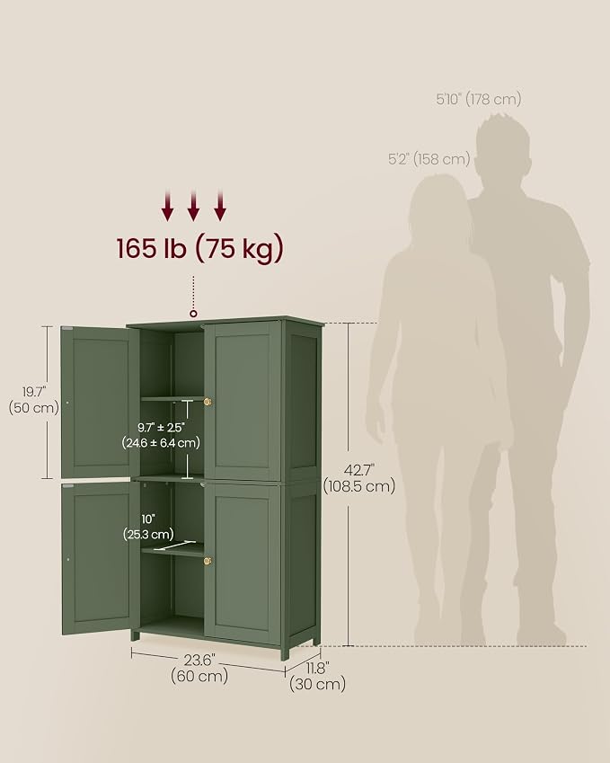 VASAGLE Floor Storage Cabinet, 2 Adjustable Shelves, 4 Doors,42.7" H | Freestanding Organizer Unit, Kitchen, Bathroom, Living Room, Forest Green, SIREN Collection UBBC553CH01 - Image 5